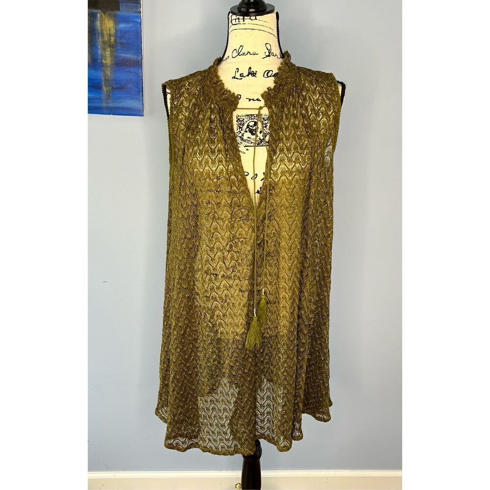 Miss Me Women's Large Metallic Gold Retro Ruffled Sheer Top Cardigan Sleeveless